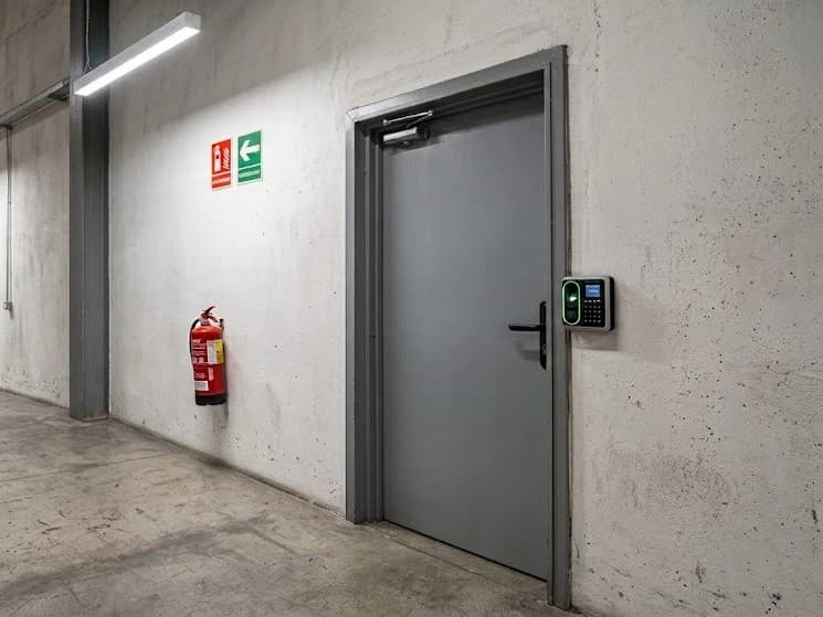 Lector de control de acceso en la puerta de una bodega