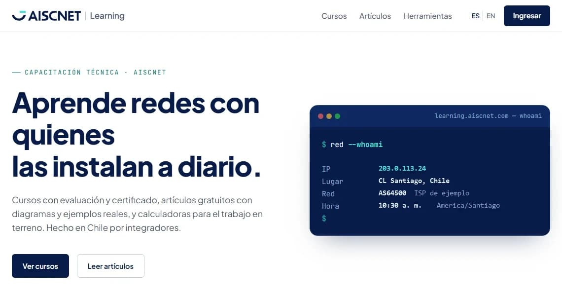 Portada de AISCNET Learning: cursos, artículos y herramientas de redes