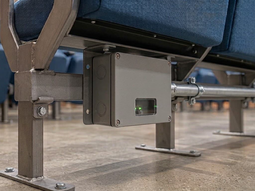 Punto de acceso en una caja metálica bajo una fila de butacas, con su canalización