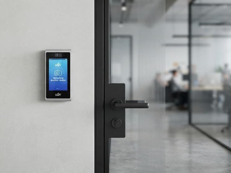 Lector de control de acceso con reconocimiento facial junto a la puerta de vidrio de una oficina