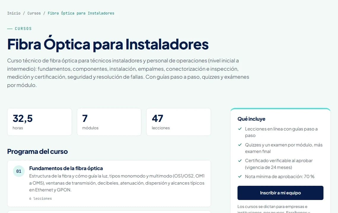 Ficha del curso Fibra Óptica para Instaladores en AISCNET Learning