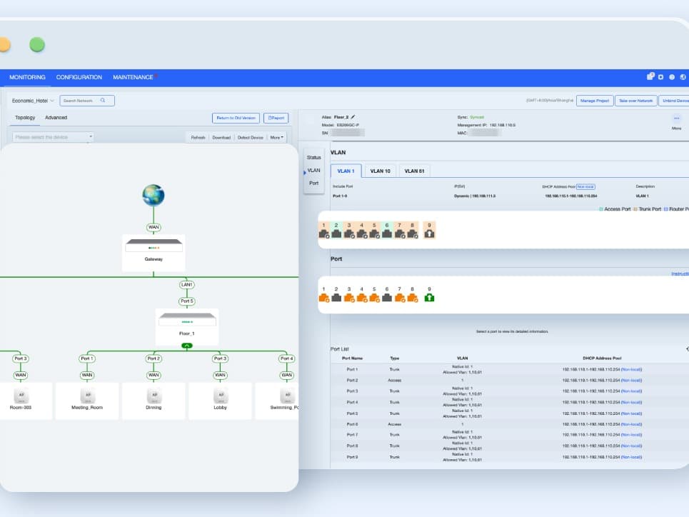 Plataforma de gestión de la red con la topología y la configuración de VLAN por puerto