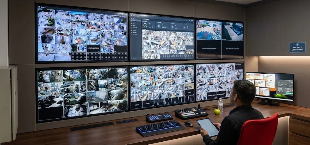 Puesto de monitoreo con varias cámaras en pantalla