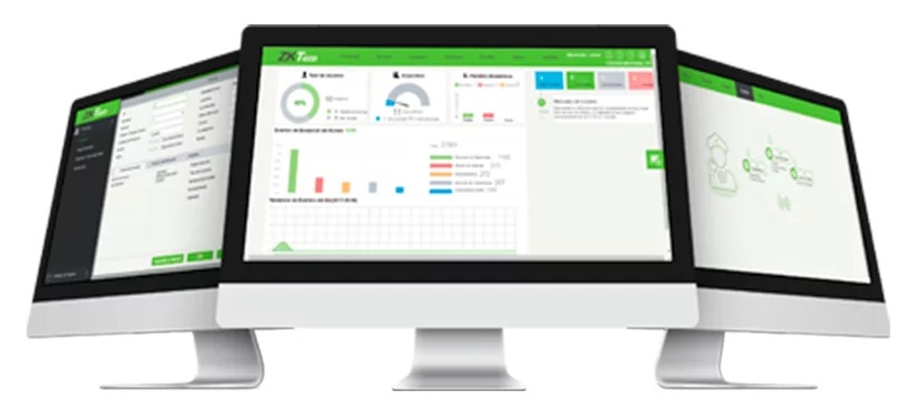 Software de control de acceso con el panel de eventos, usuarios y dispositivos en tres pantallas