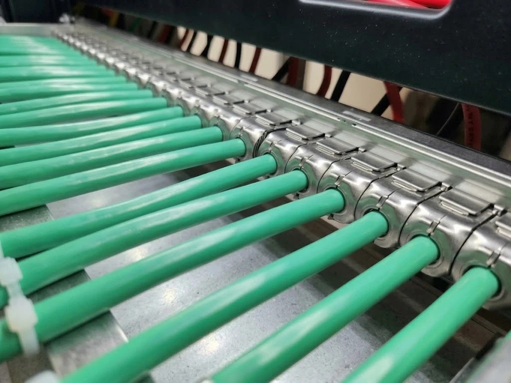 Cables verdes terminados en jacks blindados en la parte trasera de un patch panel